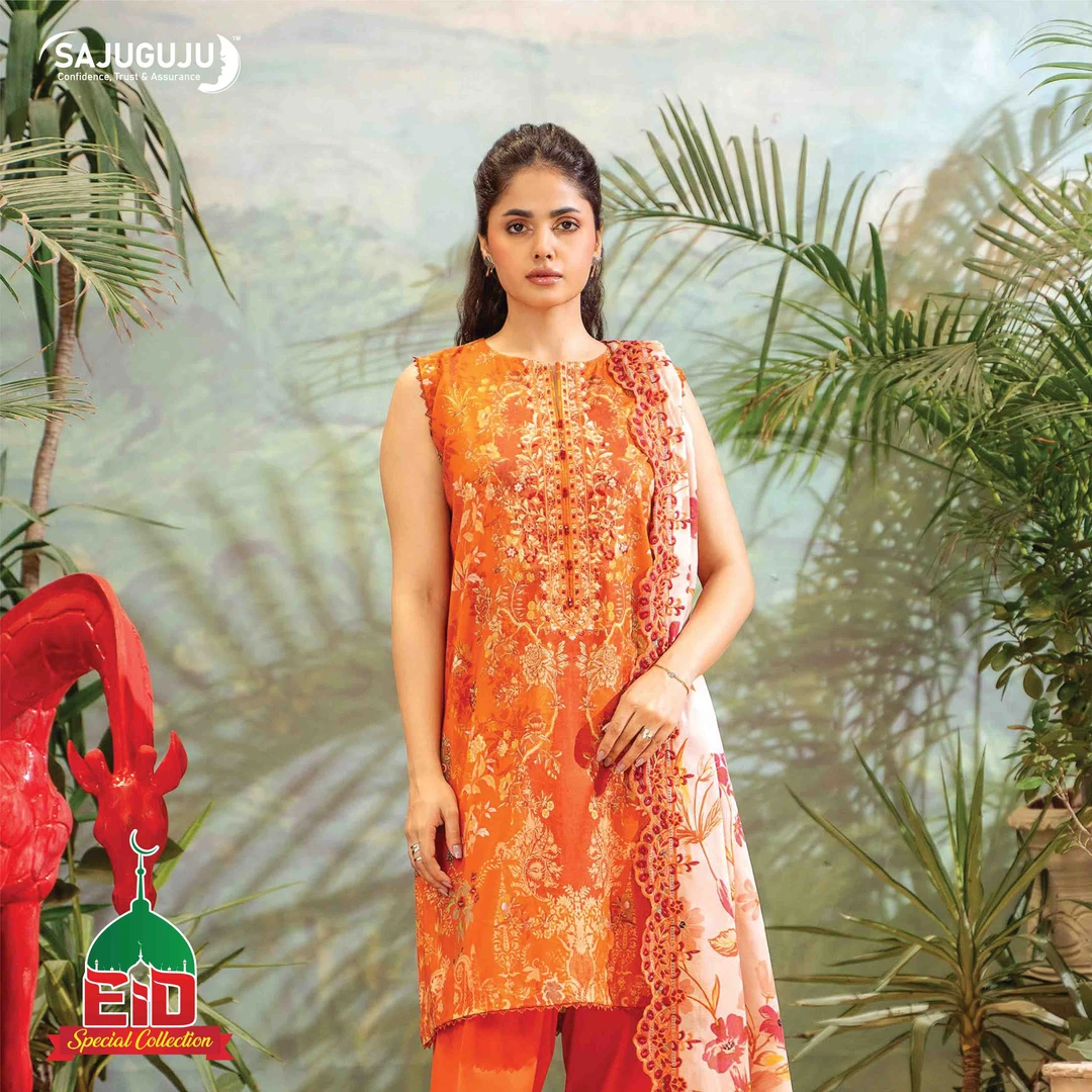 Premium Mahajal Lawn । Bright Orange