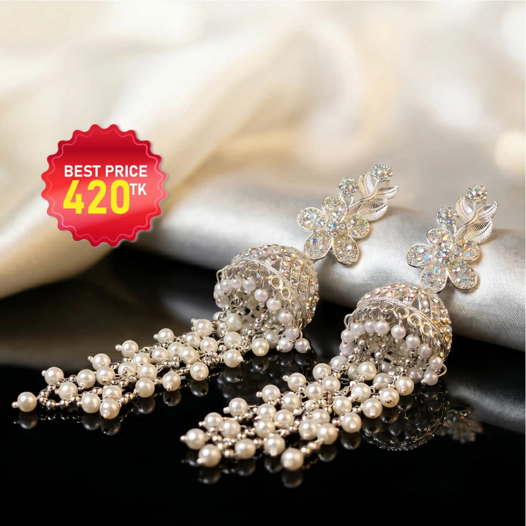 Elegant Silver Plated Stone & Pearl Jhumka - পাথর ও মুক্তার কাজের আকর্ষণীয় সিলভার ফিনিশ ঝুমকা