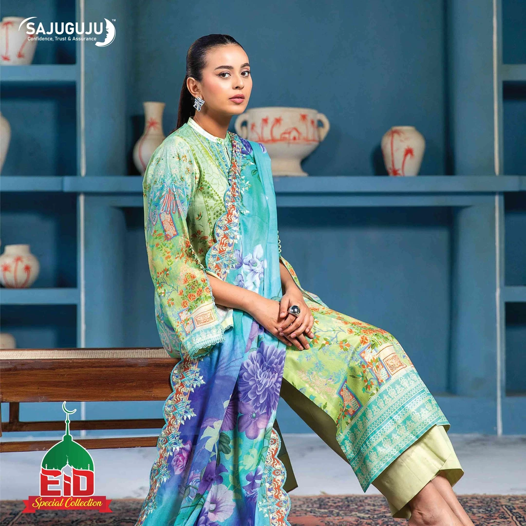 Premium Mahajal Lawn । Light Green & Purple Floral