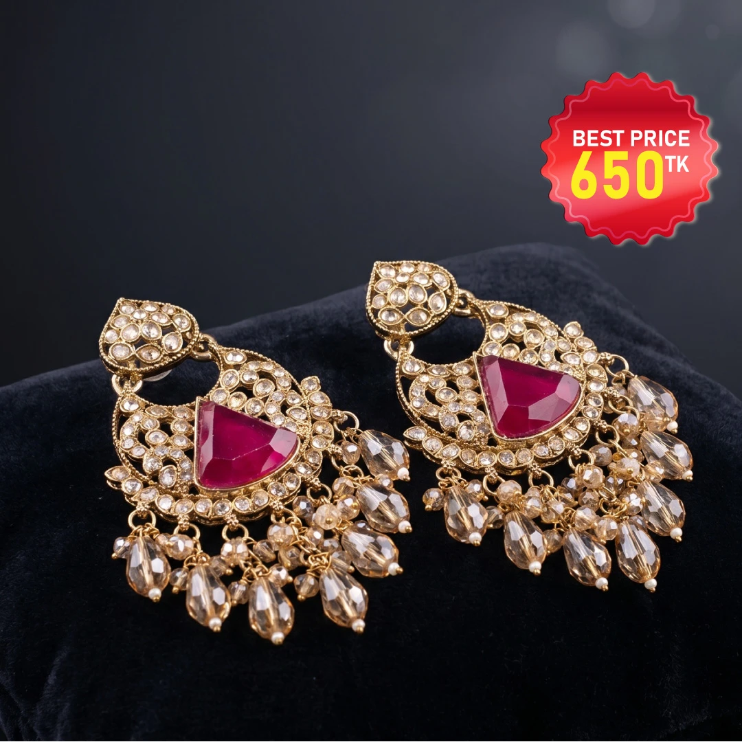 Elegant Traditional Kundan & Ruby Earrings - রুবি ও ক্রিস্টালের কাজের আকর্ষণীয় কুন্দন স্টাইলের পার্টি ইয়ারিং