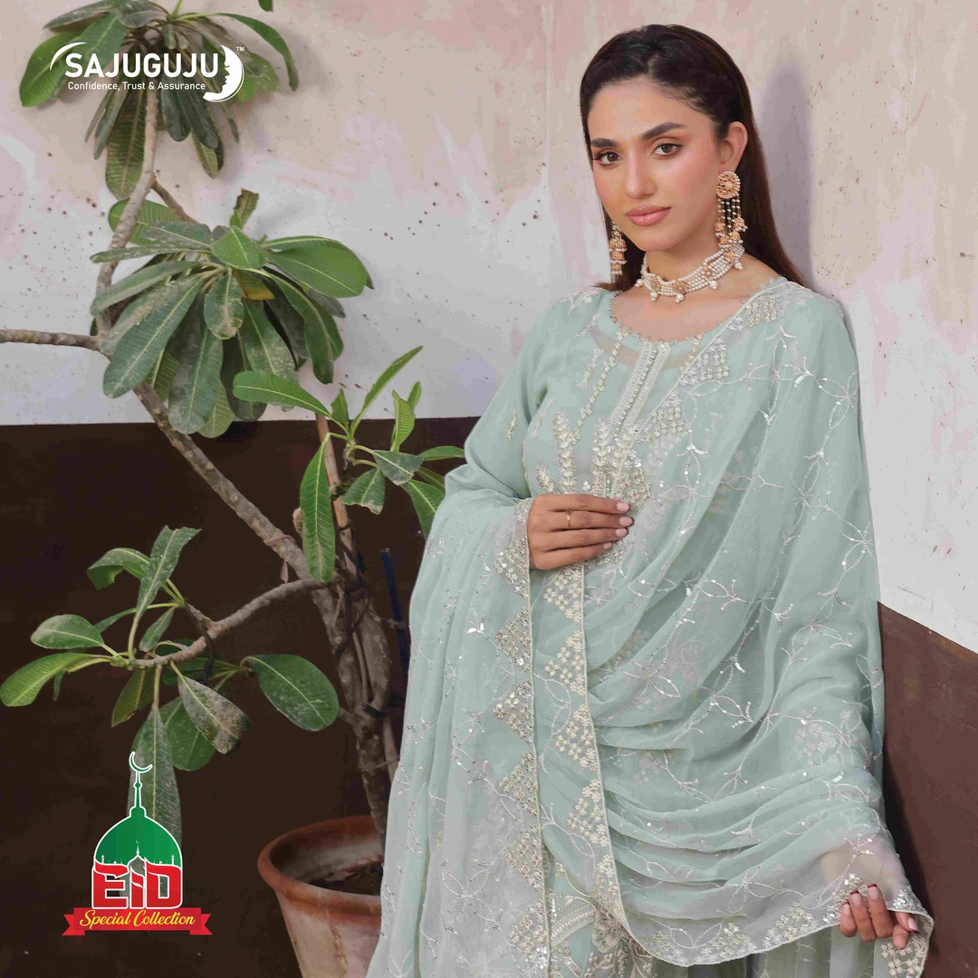 AMSAAL Luxury EMB Chiffon  । Mint Green