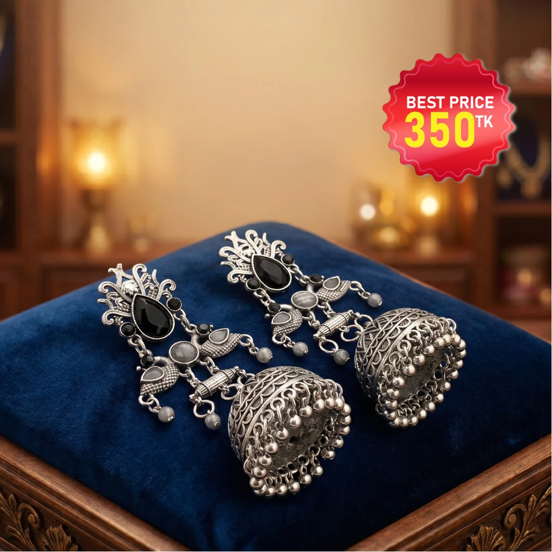 Elegant Oxidised Silver Black Stone Jhumka - কালো পাথরের কাজের আকর্ষণীয় অক্সিডাইজড সিলভার ঝুমকা