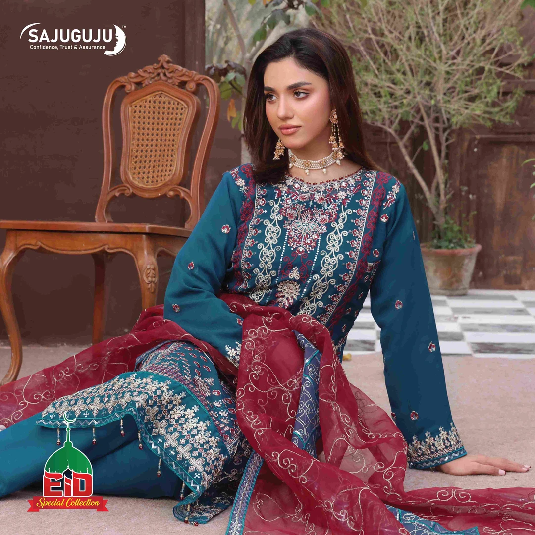 AMSAAL Luxury EMB Chiffon  ।Teal Blue