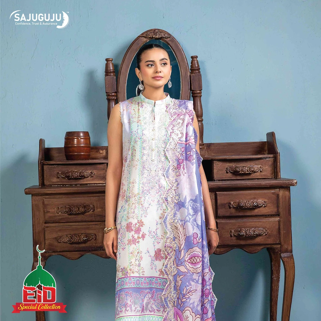 Premium Mahajal Lawn । Off-White & Purple Floral