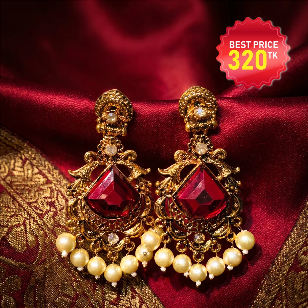 Elegant Antique Gold & Ruby Earrings - রুবি ও মুক্তার কাজের আকর্ষণীয় অ্যান্টিক গোল্ড স্টাইলের পার্টি ইয়ারিং