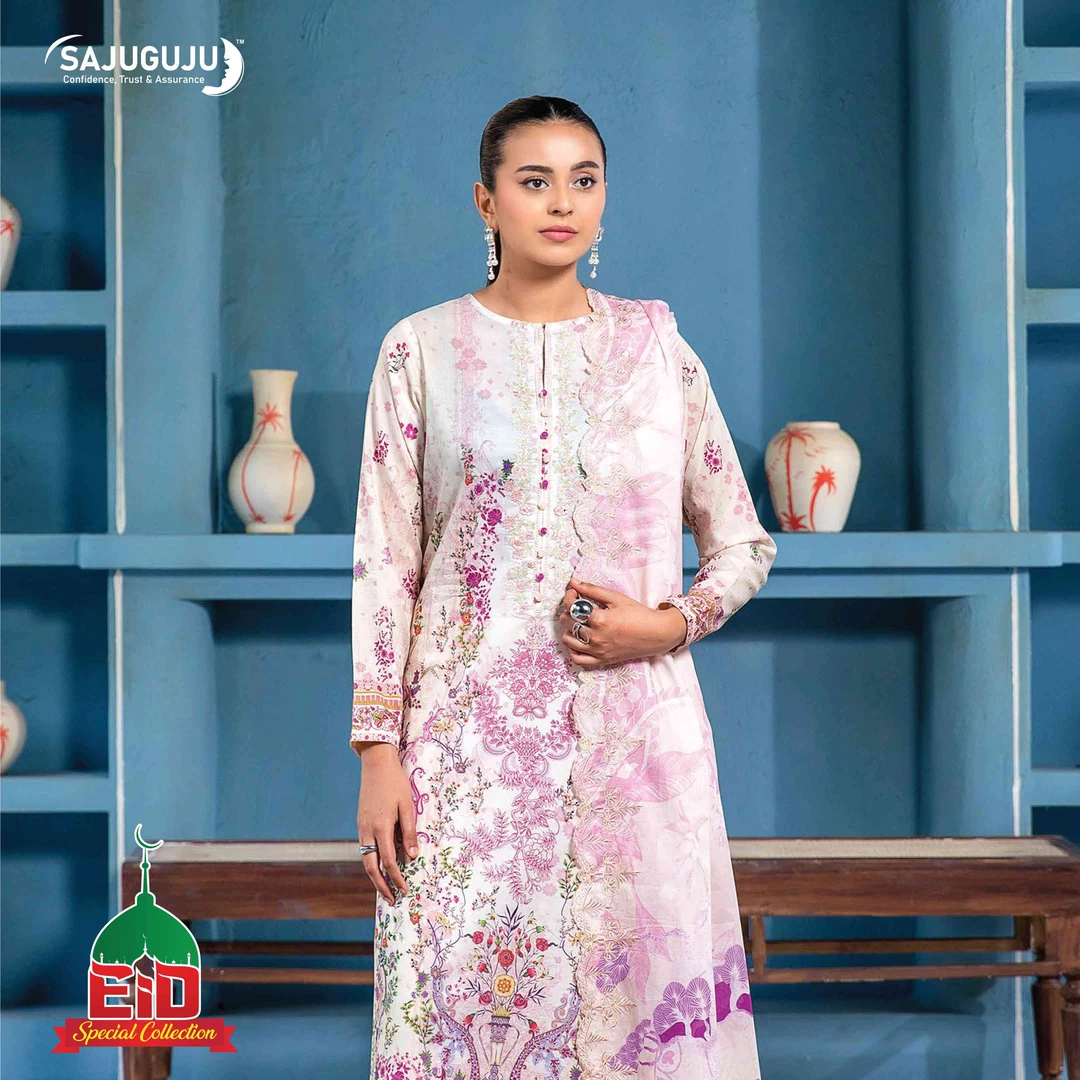 Premium Mahajal Lawn । Off-White & Pink Floral