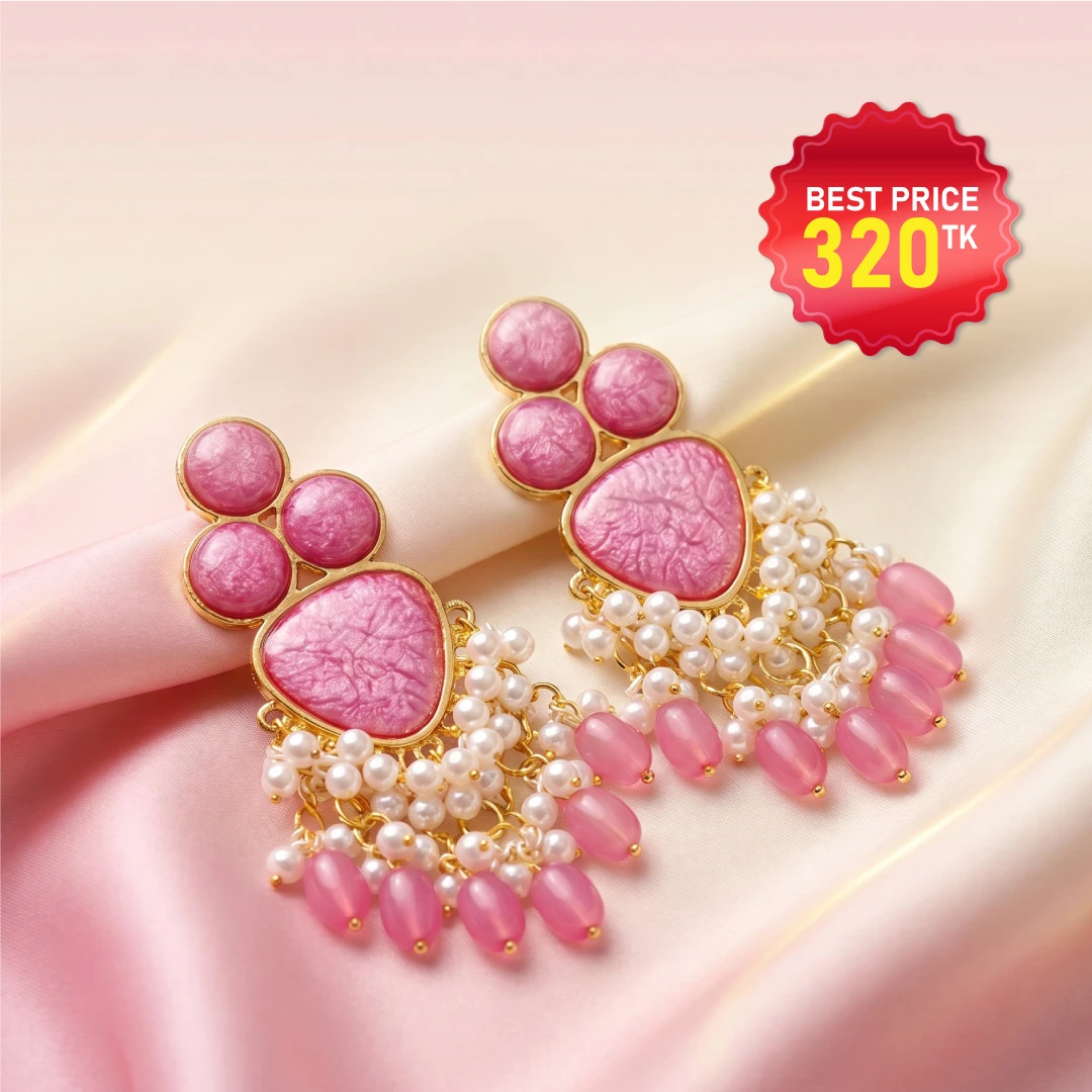 Elegant Pink Stone & Pearl Dangler - পিঙ্ক স্টোন ও মুক্তার কাজের আকর্ষণীয় ট্র্যাডিশনাল ইয়ারিং