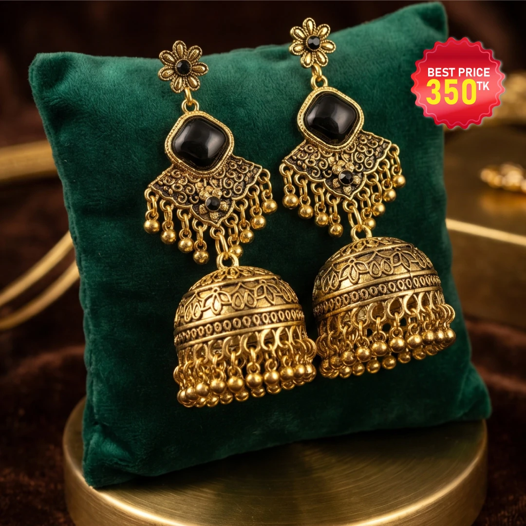 Elegant Antique Gold-Plated Black Stone Jhumka - কালো পাথরের কাজের আকর্ষণীয় অ্যান্টিক গোল্ড ঝুমকা