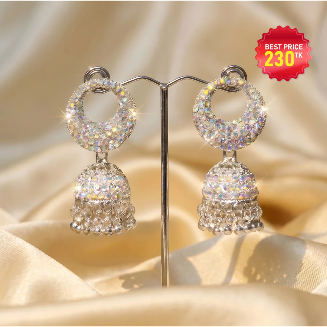 Elegant Silver-Plated Sparkling Stone Jhumka - পাথর বসানো আকর্ষণীয় সিলভার ফিনিশ ঝুমকা