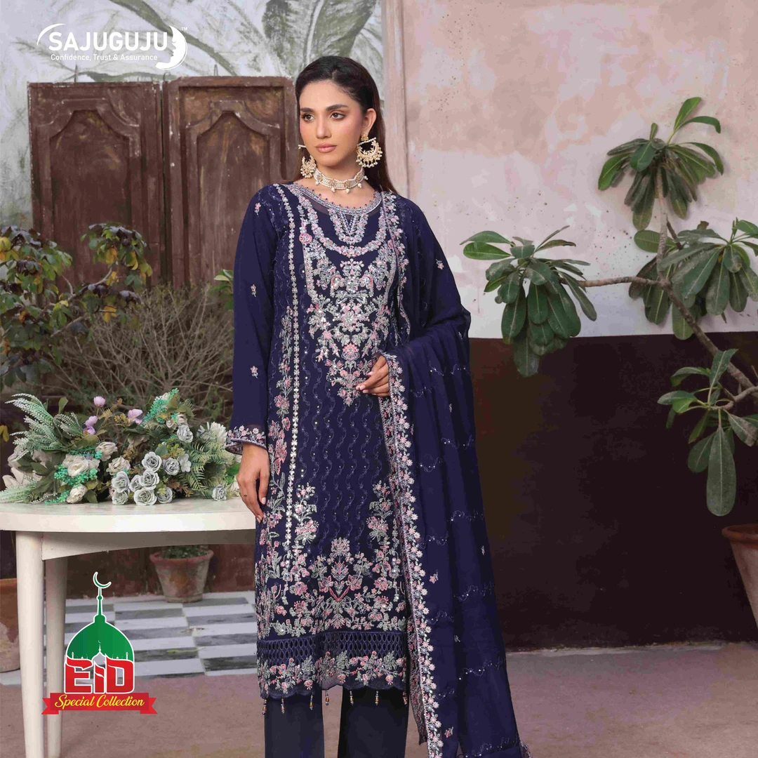 AMSAAL Luxury EMB Chiffon  । Navy Blue