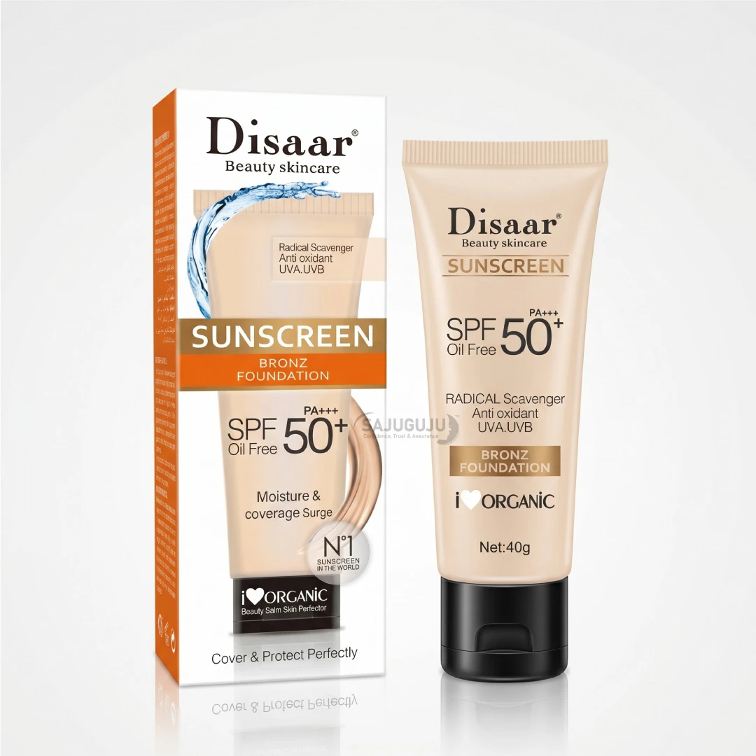 Disaar Beauty Skincare SPF 50+ Oil Free Sunscreen - আল্ট্রা ইউভি প্রোটেকশন, ময়েশ্চারাইজিং ও ব্রোঞ্জ ফাউন্ডেশন কাভারেজযুক্ত অয়েল-ফ্রি সানস্ক্রিন (40g)