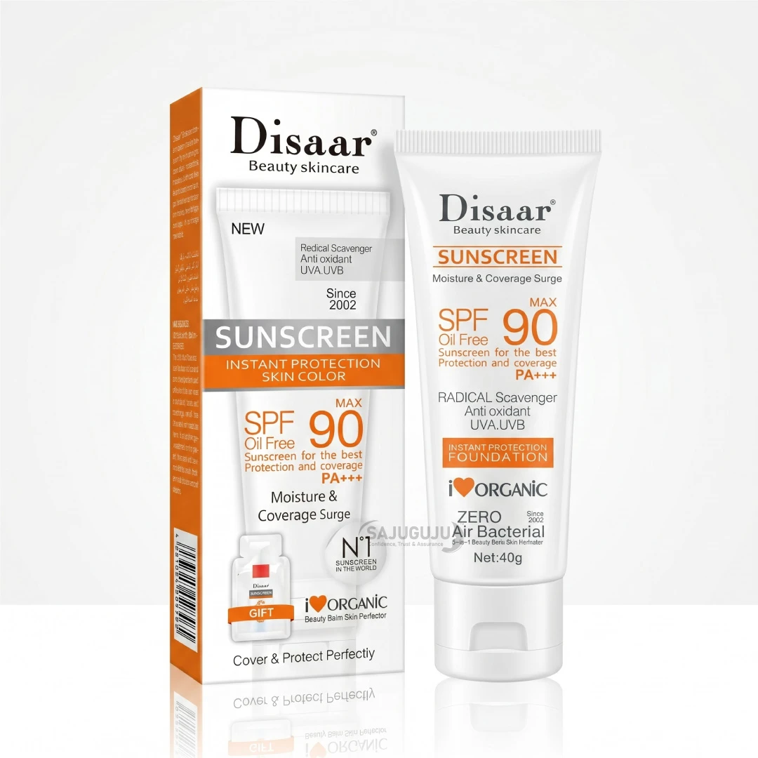 Disaar Beauty Skincare SPF 90 Max Oil Free Sunscreen - আল্ট্রা হাই প্রোটেকশন, ময়েশ্চারাইজিং ও ফাউন্ডেশন কাভারেজযুক্ত অয়েল-ফ্রি সানস্ক্রিন (40g)